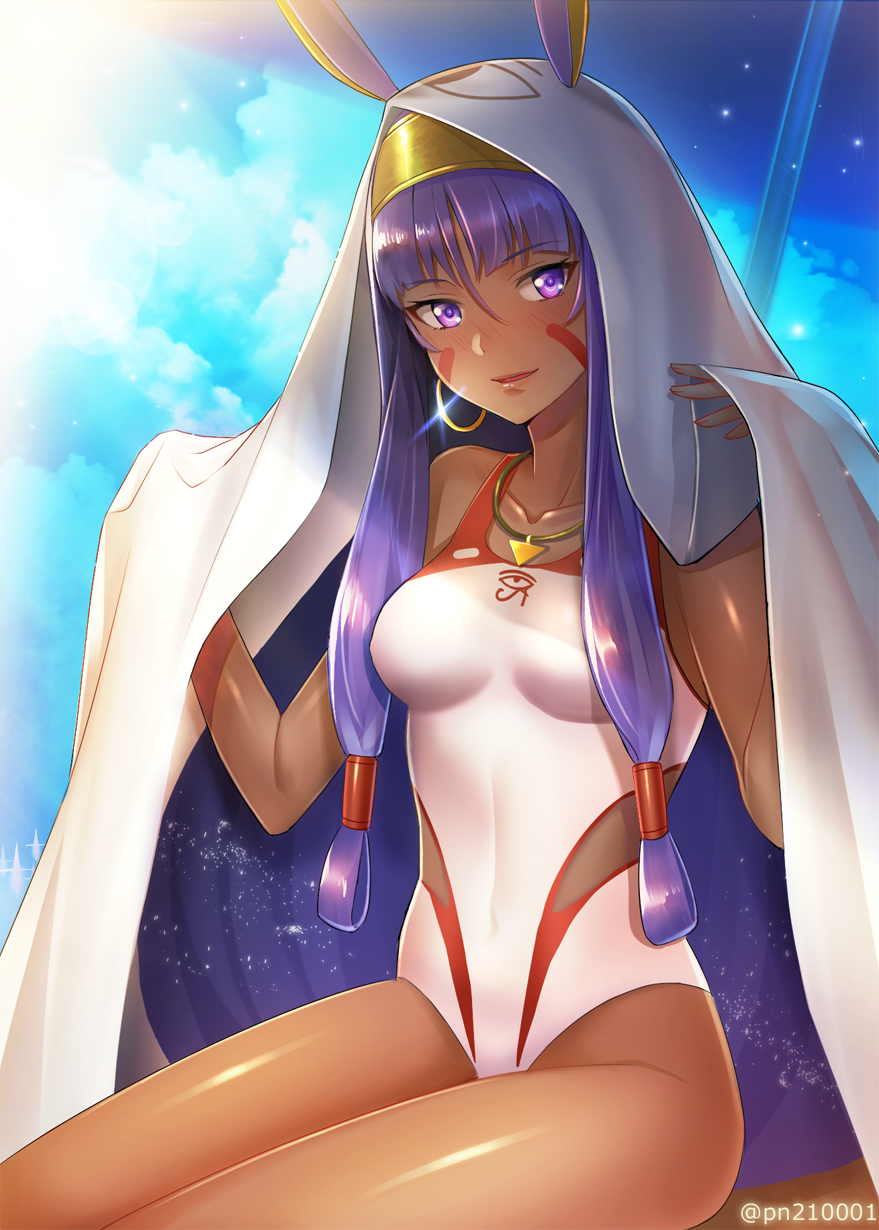 animal_ears bangs blush cloud dark_skin day earrings facial_mark fate/grand_order fate_(series) hair_between_eyes hair_tubes hairband highres hoop_earrings jackal_ears jewelry long_hair looking_at_viewer medjed nitocris_(fate/grand_order) nitocris_(swimsuit_assassin)_(fate) nose_blush one-piece_swimsuit outdoors pantsu_majirou parted_lips purple_eyes purple_hair sitting smile solo swimsuit very_long_hair
