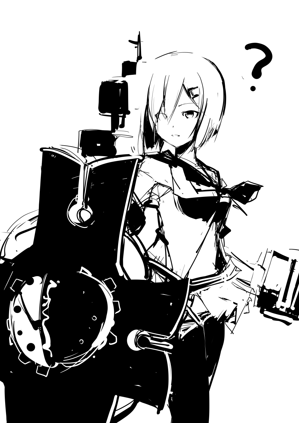 ? asymmetrical_hair bangs black_legwear breasts cannon commentary eyebrows_visible_through_hair eyes_visible_through_hair fate_(series) from_side greyscale hair_between_eyes hair_ornament hair_over_one_eye hairclip hamakaze_(kantai_collection) highres holding holding_weapon kantai_collection looking_away machinery mash_kyrielight medium_breasts monochrome neckerchief parted_lips pleated_skirt rigging school_uniform serafuku shield short_hair simple_background sketch skirt solo thighhighs turret weapon white_background yototeitoku