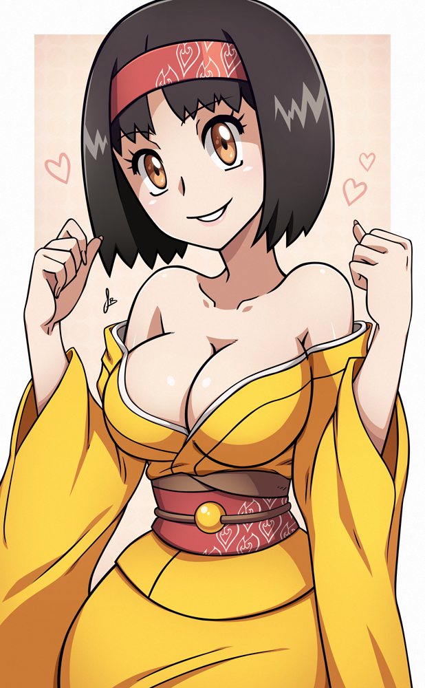 1girl breasts brown_eyes erika_(pokemon) gym_leader hair_ornament kimono nintendo pokemon pokemon_(game) pokemon_hgss scott_bennett smile