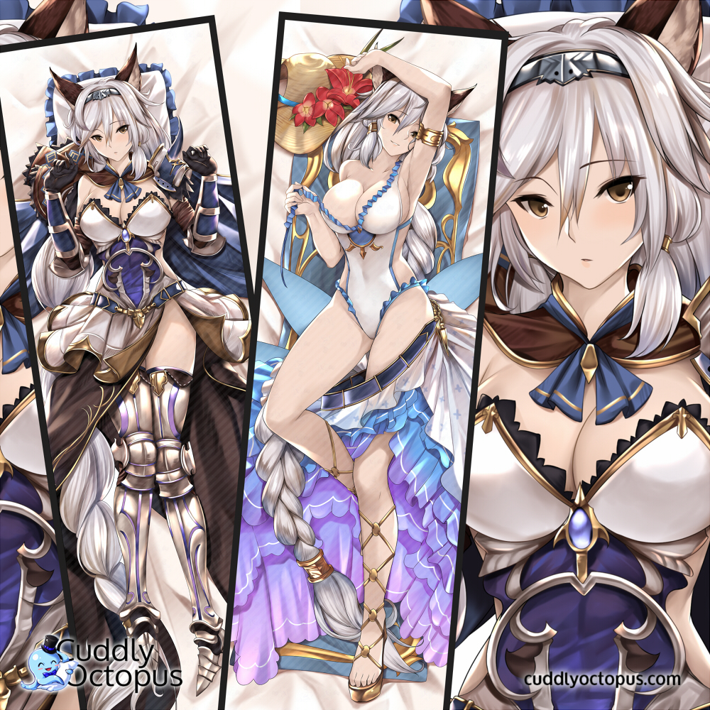 animal_ears arm_up armlet armor armored_boots armored_dress armpits bangs bare_shoulders belt black_gloves blush boots braid breasts brown_eyes cape cleavage collarbone commentary_request covered_navel cross-laced_legwear dakimakura diadem dress elbow_gloves erune flower gloves granblue_fantasy greaves hair_between_eyes hair_tubes hat heles hips large_breasts long_hair multiple_views one-piece_swimsuit parted_lips pauldrons pillow sarong sidelocks silver_hair single_braid single_pauldron smile strap_pull straw_hat swimsuit thighs tony_guisado vambraces watermark web_address white_dress white_swimsuit