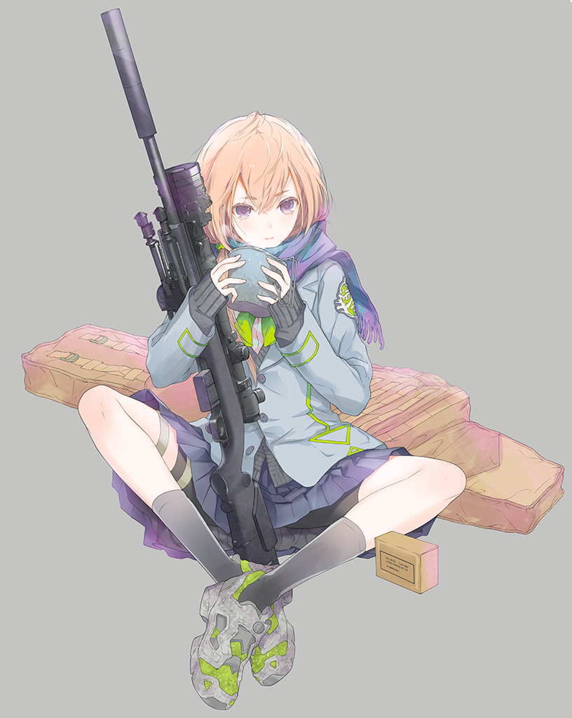 bike_shorts blonde_hair commentary eyebrows_visible_through_hair full_body fuyuno_haruaki grey_background gun indian_style little_armory m24 pleated_skirt purple_eyes rifle scarf school_uniform shoes short_hair sitting skirt sneakers sniper_rifle solo suppressor weapon