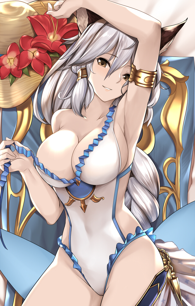 animal_ears arm_up armlet armpits bangs bare_shoulders blush braid breasts brown_eyes cleavage collarbone covered_navel dakimakura erune flower granblue_fantasy hair_between_eyes hair_tubes hat heles hips large_breasts long_hair one-piece_swimsuit sidelocks silver_hair single_braid smile strap_pull straw_hat swimsuit thighs tony_guisado white_swimsuit