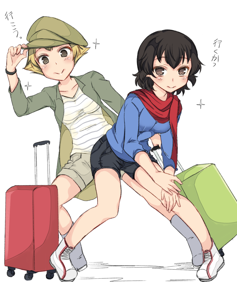 abenattou adjusting_headwear alternate_headwear bangs black_shorts blonde_hair blue_shirt boots bracelet brown_eyes brown_hair brown_hat brown_jacket caesar_(girls_und_panzer) casual choo_choo_train closed_mouth commentary_request cross-laced_footwear dancing denim denim_shorts erwin_(girls_und_panzer) full_body girls_und_panzer grey_footwear hand_on_own_thigh hat jacket jewelry leaning_to_the_side long_sleeves looking_at_viewer luggage multiple_girls pointy_hair red_scarf rolling_suitcase scarf shirt shoes short_hair short_shorts shorts smile sparkle standing striped striped_shirt white_background white_footwear white_shirt