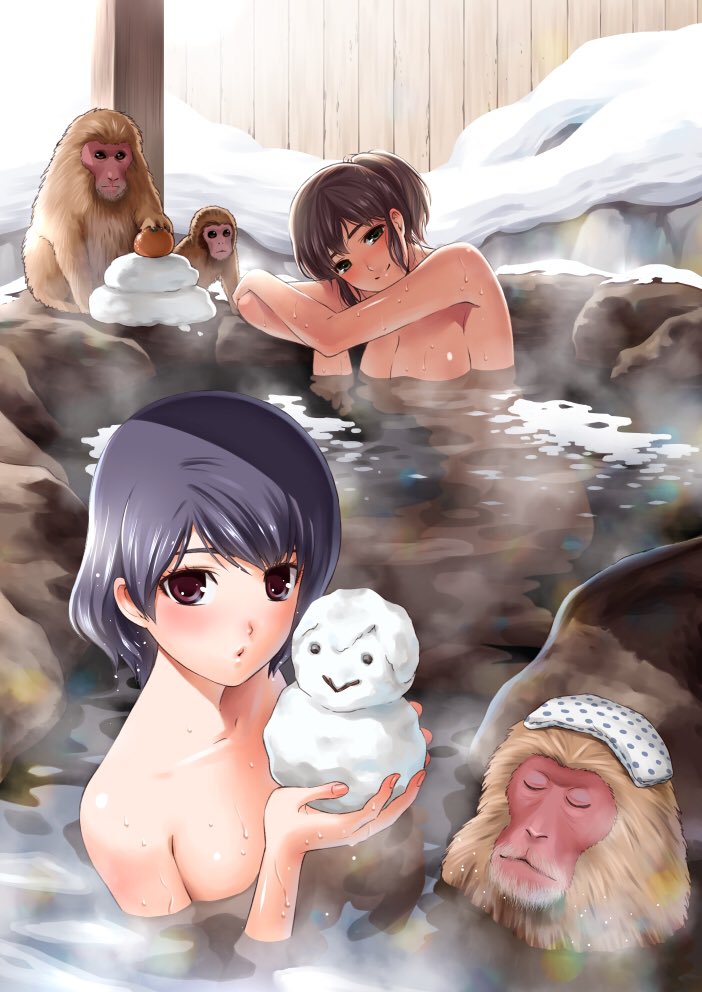 blue_hair brown_hair commentary_request domestic_na_kanojo food fruit fujii_natsuo green_eyes mandarin_orange monkey multiple_girls nude official_art onsen red_eyes sasuga_kei siblings sisters snow snowman tachibana_hina tachibana_rui towel towel_on_head