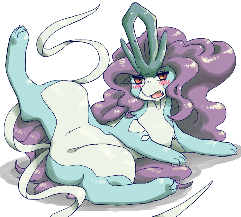 2015 ambiguous_gender anatomy_error blue_fur blush chiji claws feral fur hair legendary_pok&eacute;mon looking_at_viewer lying nintendo on_side open_mouth pok&eacute;mon pok&eacute;mon_(species) purple_hair red_eyes simple_background solo spread_legs spreading suicune video_games white_background white_fur