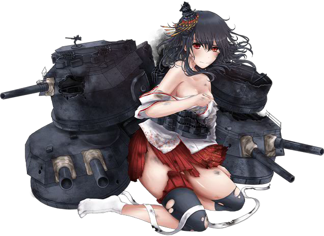 bare_shoulders black_hair blush breasts broken broken_weapon burnt_clothes cannon closed_mouth covering covering_breasts damaged detached_sleeves floral_print full_body hair_ornament headband_removed kantai_collection kanzashi kneeling looking_at_viewer medium_breasts messy_hair miniskirt no_shoes off_shoulder red_eyes remodel_(kantai_collection) ribbon_removed rigging rikka_(rikka331) short_hair sideboob skirt solo tabi thigh_strap thighs torn_clothes transparent_background turret weapon wide_sleeves yamashiro_(kantai_collection)