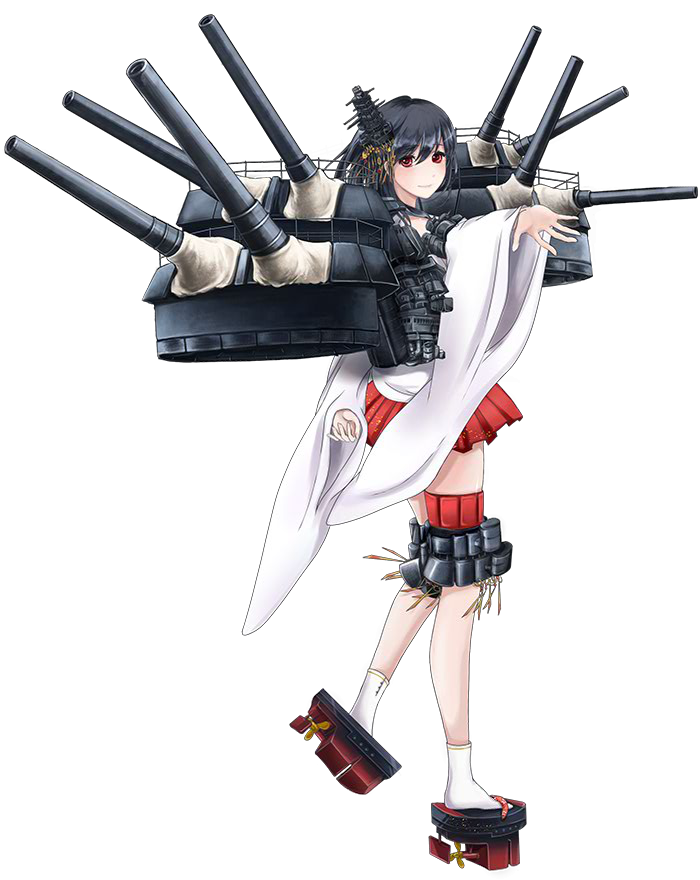 arm_behind_back black_hair cannon closed_mouth detached_sleeves from_side full_body hair_ornament hull_shoes japanese_clothes kantai_collection kanzashi kimono legs light_smile looking_at_viewer miniskirt nontraditional_miko outstretched_hand red_eyes rigging rikka_(rikka331) sandals short_hair skirt solo tabi tassel thigh_strap transparent_background turret walking wide_sleeves yamashiro_(kantai_collection)