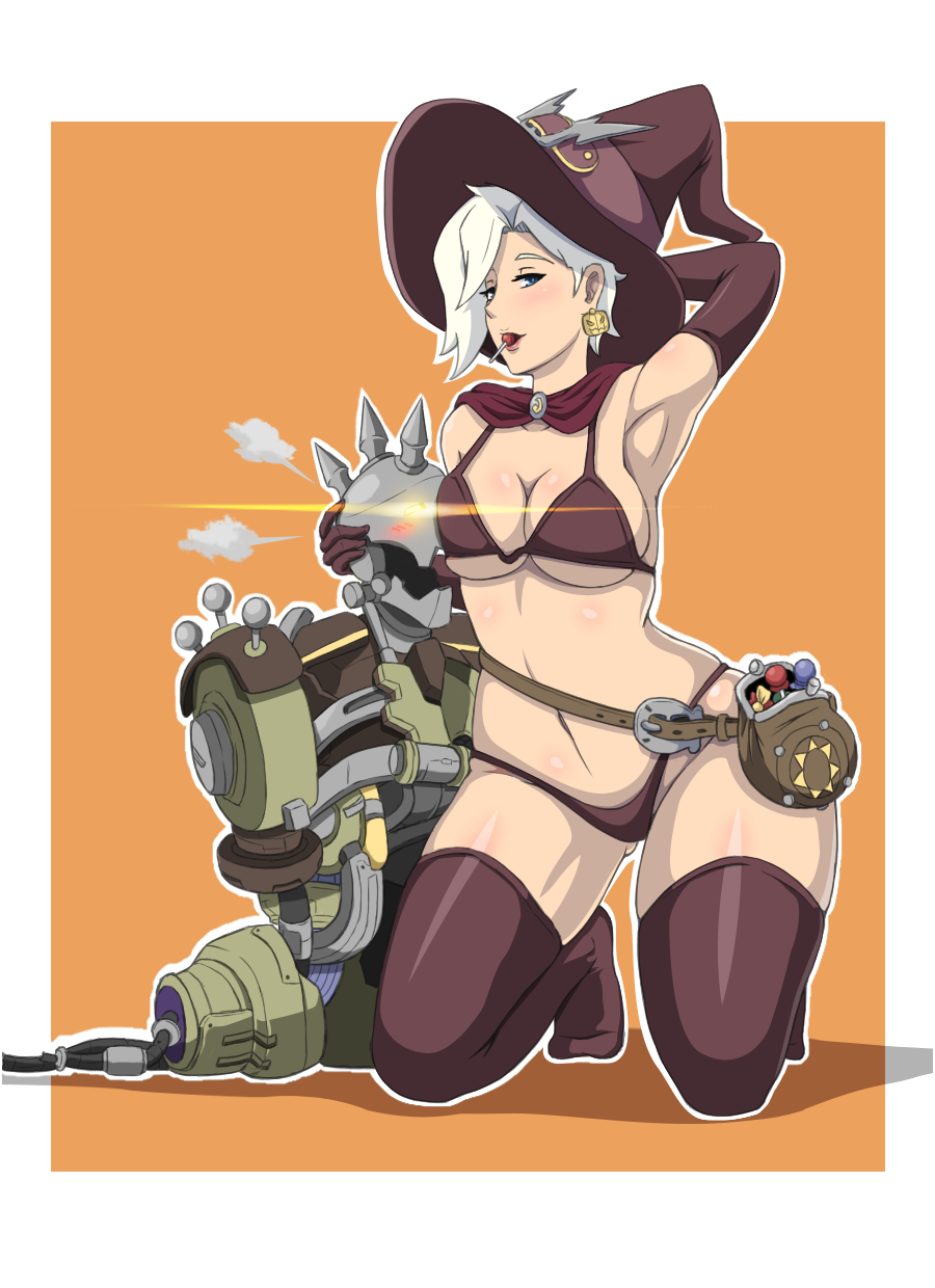 alternate_costume armpits belt bikini blue_eyes breast_smother breasts candy cleavage cloak commentary earrings elbow_gloves food gloves hair_over_one_eye halloween hat highres jack-o'-lantern jack-o'-lantern_earrings jewelry kneeling large_breasts lollipop looking_at_viewer mercy_(overwatch) naughty_face navel no_shoes omnic overwatch pouch robot short_hair swimsuit underboob witch_hat witch_mercy yamanata