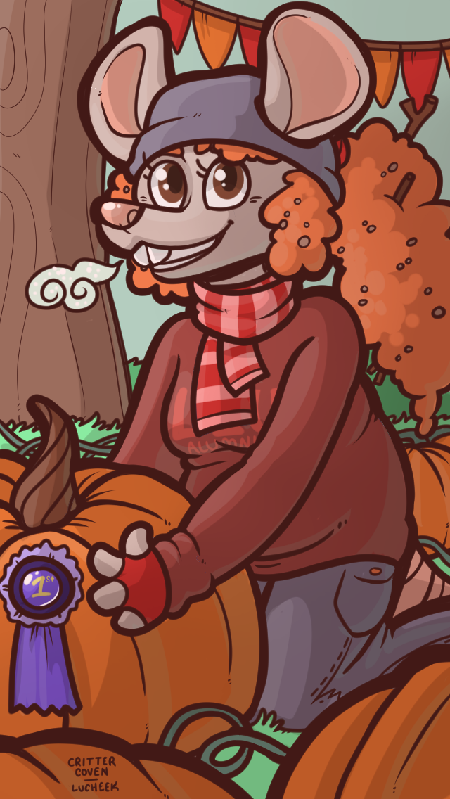 anthro brown_eyes buckteeth clothed clothing cold contest critter_coven female florence_greentail food fruit hair hat kneeling looking_at_viewer lucheek mammal messy_hair outside pumpkin rat red_hair rodent scarf slightly_chubby smile solo sweater teeth