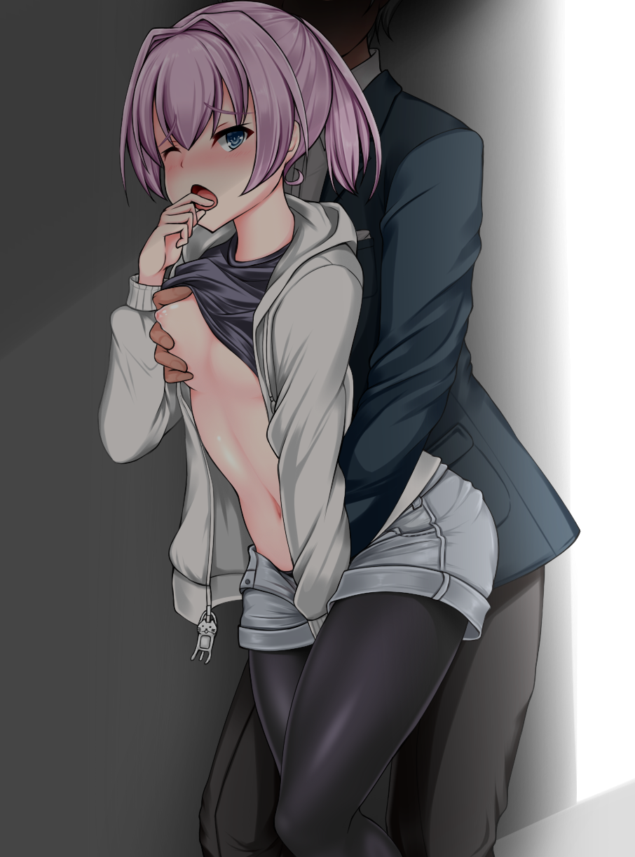 1girl ;o bad_id bad_pixiv_id black_jacket black_legwear black_pants black_shirt blue_eyes blush breast_grab breasts casual commentary eyebrows_visible_through_hair grabbing grabbing_from_behind grey_jacket grey_shorts groping hair_intakes head_out_of_frame hetero highres hood hood_down hooded_jacket implied_fingering inverted_nipples jacket kantai_collection lifted_by_another long_sleeves navel nipples nose_blush one_breast_out one_eye_closed open_mouth pants pantyhose pantyhose_under_shorts pink_hair ponytail shiranui_(kantai_collection) shirt shirt_lift short_hair shorts small_breasts stomach unzipped z5987 zipper_pull_tab