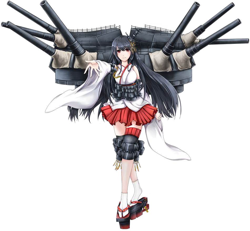 arm_at_side black_hair cannon closed_mouth crossed_legs detached_sleeves full_body fusou_(kantai_collection) hair_ornament hull_shoes japanese_clothes kantai_collection kanzashi kimono legs light_smile long_hair looking_at_viewer miniskirt nontraditional_miko official_art okobo outstretched_hand red_eyes rigging rikka_(rikka331) sandals skirt solo tabi tassel thigh_strap transparent_background turret very_long_hair watson_cross wide_sleeves