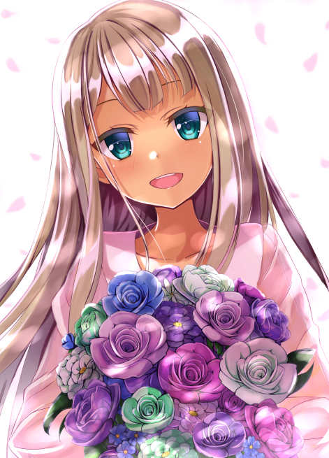 :d alessandra_susu aqua_eyes blonde_hair blush bouquet cherry_blossoms commentary_request flower head_tilt long_hair looking_at_viewer open_mouth petals pink_shirt purple_flower ringed_eyes rurukuru shirt smile solo tan tokyo_7th_sisters upper_body white_background