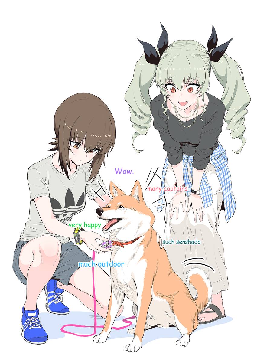 adidas anchovy brown_hair collar dog doge girls_und_panzer green_hair hands_on_own_knees highres ladic leaning_forward leash meme multiple_girls nishizumi_maho one_knee sandals shiba_inu tail_wagging white_background