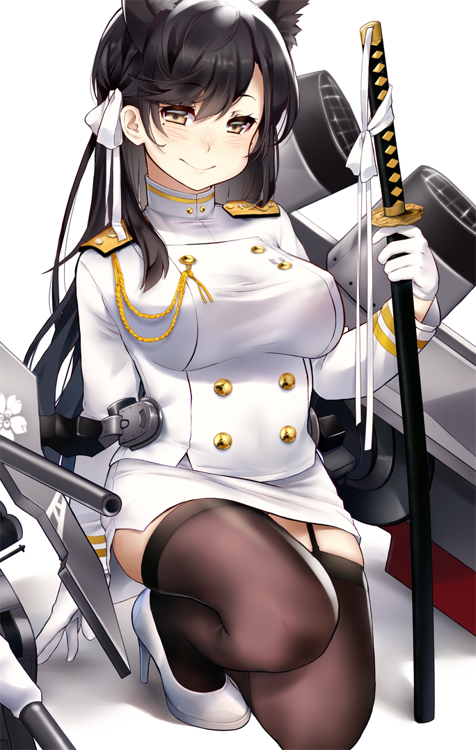 animal_ears atago_(azur_lane) azur_lane black_hair bow brown_eyes commentary_request epaulettes extra_ears fox_ears garter_straps gloves hair_bow hair_ribbon holding katana long_hair looking_at_viewer machinery military military_uniform miniskirt mole mole_under_eye naval_uniform one_knee pencil_skirt ribbon simple_background skirt smile solo sword turret uniform weapon white_background white_gloves yumekii