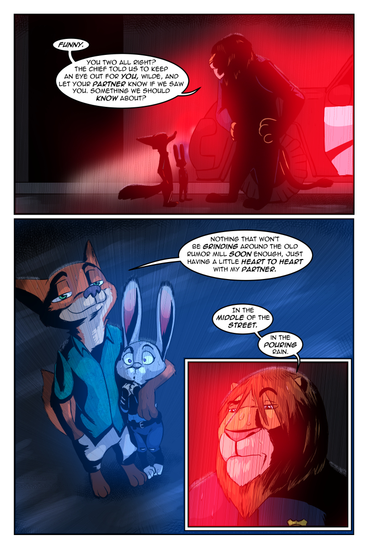 2017 akiric anthro arm_around_shoulders barefoot belt bulletproof_vest canine car clothed clothing comic dialogue dipstick_ears disney english_text feline female fox group hand_in_pocket hands_on_hips judy_hopps lagomorph lion male mammal mane nick_wilde night officer_delgato outside police_car police_uniform rabbit raining raised_eyebrow shadow standing street text uniform utility_belt vehicle wet zootopia