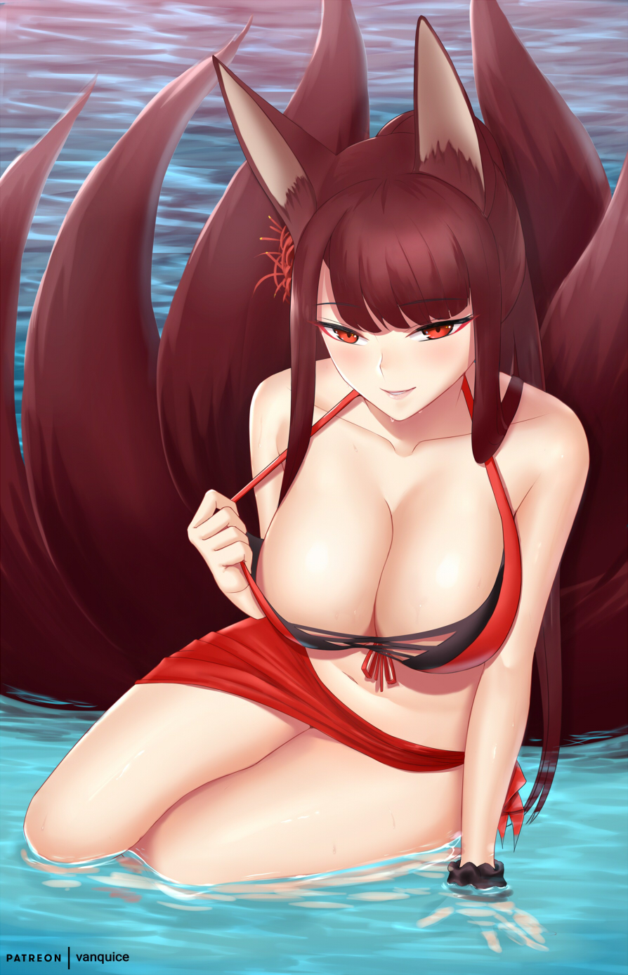 akagi_(azur_lane) artist_name azur_lane bare_arms bare_shoulders bikini_top blush breasts cleavage collarbone eyebrows_visible_through_hair flower food fox_tail hair_flower hair_ornament highres kitsune large_breasts long_hair looking_at_viewer multiple_tails navel ocean outdoors parted_lips pulled_by_self red_bikini_top red_eyes red_hair sarong sitting smile solo spider_lily stomach strap_pull tail thighs tsurime vanquice water wrist_cuffs yokozuwari