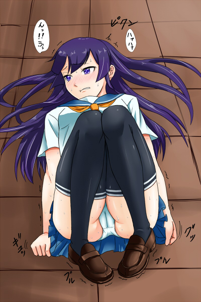 1girl artist_request black_legwear blue_sailor_collar blue_skirt breasts brown_footwear cameltoe eyebrows_visible_through_hair female full_body half-closed_eyes have_to_pee knees_together_feet_apart long_hair looking_to_the_side lying matching_hair/eyes neckerchief on_back orange_neckwear original panties pantyshot pigeon-toed pleated_skirt purple_eyes purple_hair sailor_collar school_uniform serafuku shirt shoes short_sleeves skindentation skirt small_breasts solo speech_bubble sweat teeth text thighhighs translation_request trembling underwear uniform upskirt white_panties white_shirt