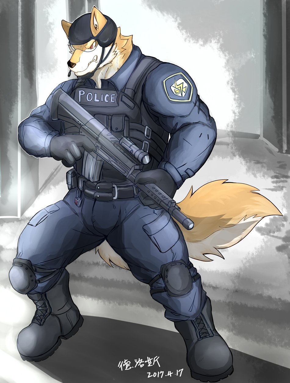 2017 anthro canine clothed clothing digital_media_(artwork) gun hi_res male mammal police_uniform ranged_weapon solo t266771 uniform weapon wolf