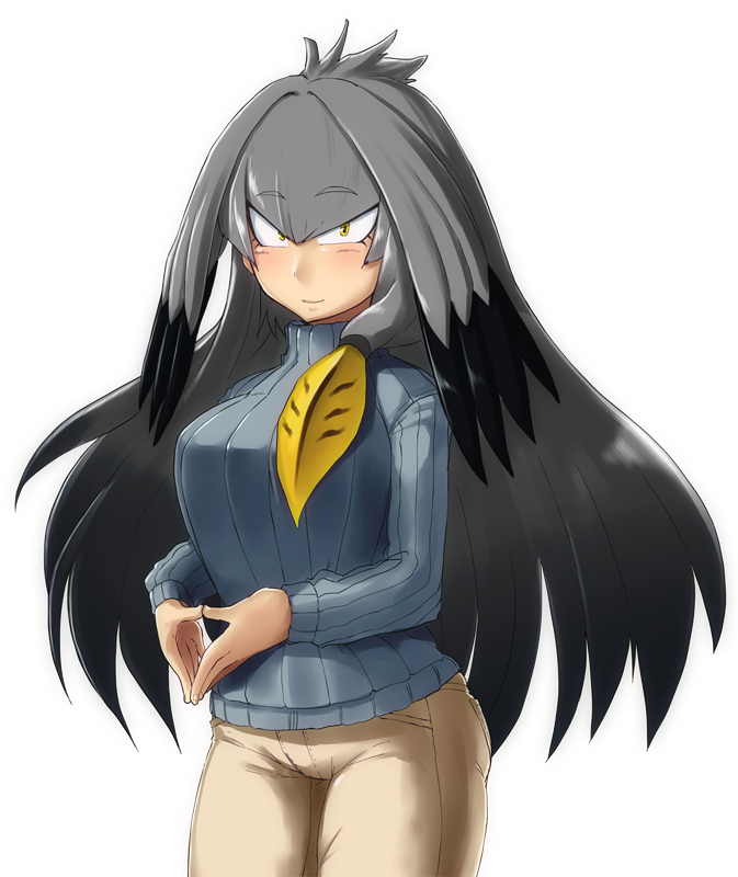 alternate_costume alternate_hair_length alternate_hairstyle bangs black_hair blonde_hair breasts commentary eyebrows_visible_through_hair fingers_together genb grey_hair hair_between_eyes kemono_friends large_breasts long_hair long_sleeves looking_at_viewer low_ponytail multicolored_hair pants shoebill_(kemono_friends) side_ponytail simple_background smile solo standing steepled_fingers sweater turtleneck turtleneck_sweater upper_body very_long_hair white_background yellow_eyes