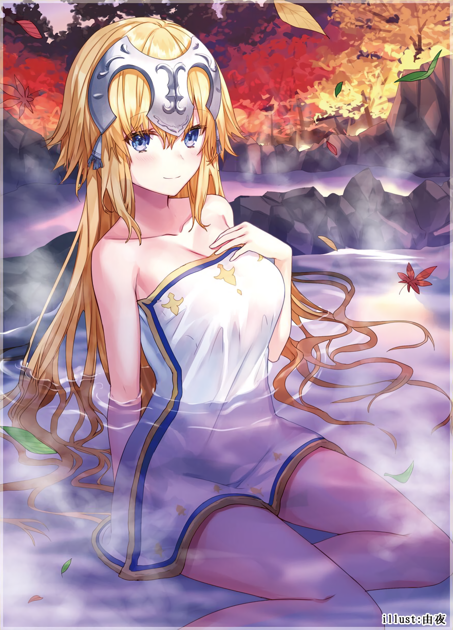artist_name bathing blonde_hair breasts cleavage cropped eyebrows_visible_through_hair fate/apocrypha fate_(series) hair_between_eyes hand_on_own_chest headpiece highres jeanne_d'arc_(fate) jeanne_d'arc_(fate)_(all) large_breasts leaf long_hair looking_at_viewer lossy-lossless maple_leaf naked_towel onsen outdoors partially_submerged purple_eyes sitting smile solo steam towel very_long_hair waifu2x yokozuwari yuya_(night_lily)