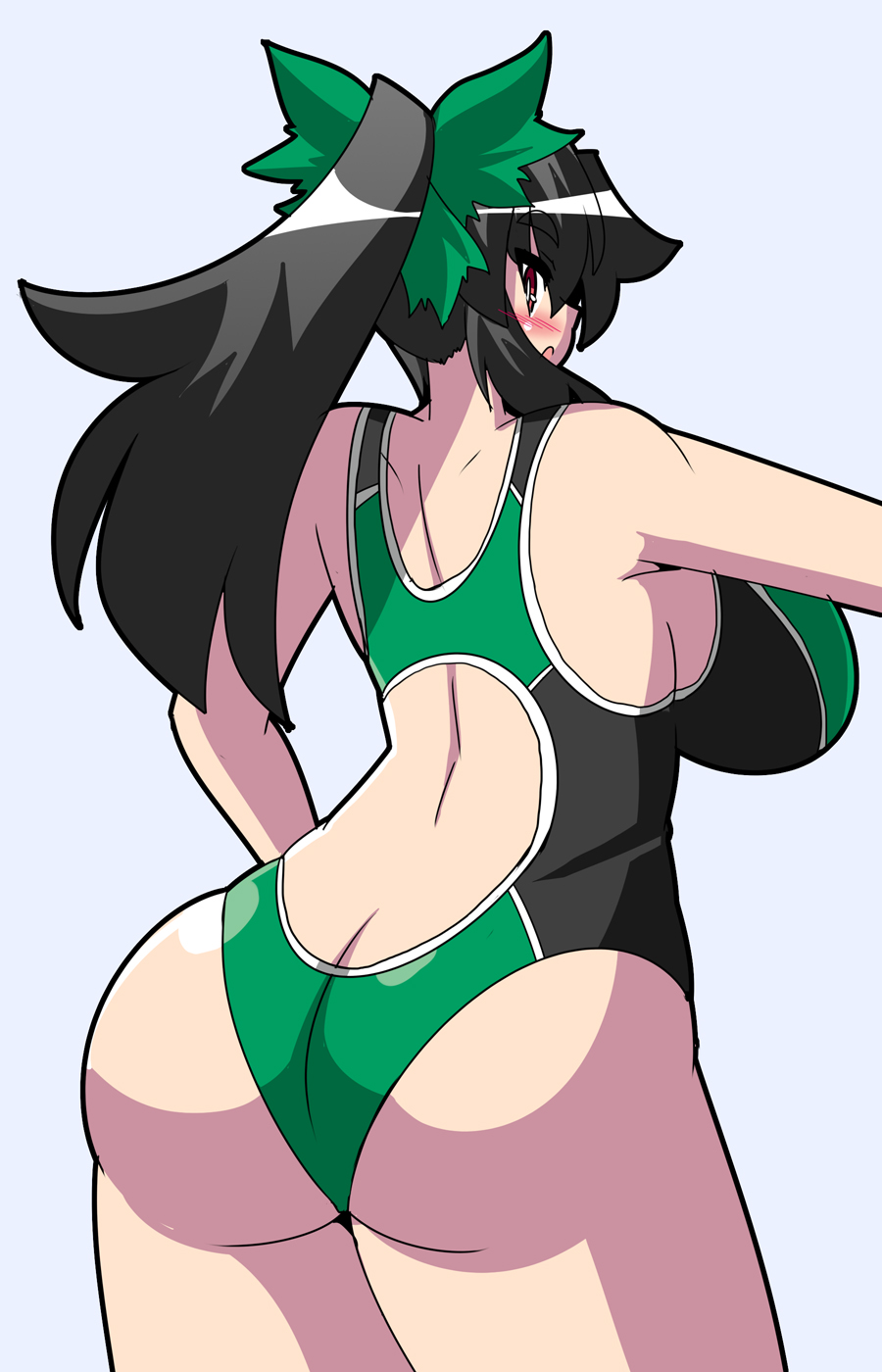 1girl artist_request ass back back_opening bare_shoulders black_hair blush bow breasts butt_crack from_behind hair_bow huge_ass large_breasts long_hair one-piece_swimsuit ponytail purple_eyes reiuji_utsuho shiny shiny_clothes shiny_hair shiny_skin sideboob smile solo swimsuit touhou