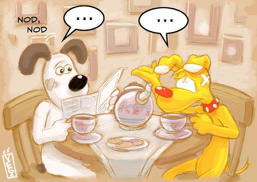 ... 2010 3_fingers aardman_animations anthro bandage beverage biped black_nose black_tail brain_(inspector_gadget) brown_theme canine chair conjoined_eyes cookie crossover cup digital_drawing_(artwork) digital_media_(artwork) dipstick_ears dog duo featureless_crotch floppy_ears food frown fur gromit_(wallace_and_gromit) guide_lines head_tuft holding_cup holding_object humanoid_hands inside inspector_gadget_(franchise) kitchen long_mouth looking_at_another looking_up low_res male mammal miu mostly_nude motion_lines naked_collar newspaper nodding nude on_chair plate red_nose short_tail sitting slice_of_life small_pupils sound_effects speech_bubble table tea teapot toony wallace_and_gromit yellow_fur yellow_tail