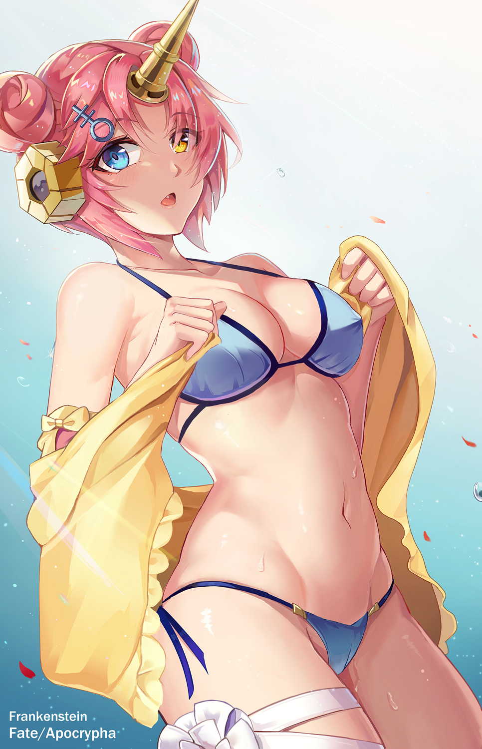 :o bangs bare_shoulders bikini blue_background blue_bikini blue_eyes blush breasts character_name collarbone copyright_name covered_nipples cowboy_shot double_bun dutch_angle eyebrows_visible_through_hair fanf fang fate/apocrypha fate/grand_order fate_(series) frankenstein's_monster_(fate) frankenstein's_monster_(swimsuit_saber)_(fate) gradient gradient_background hair_ornament hairclip headgear heterochromia highres holding horn l.bou looking_at_viewer md5_mismatch medium_breasts navel open_mouth parted_bangs pink_hair revision short_hair side-tie_bikini solo standing stomach swimsuit thigh_strap wet yellow_eyes