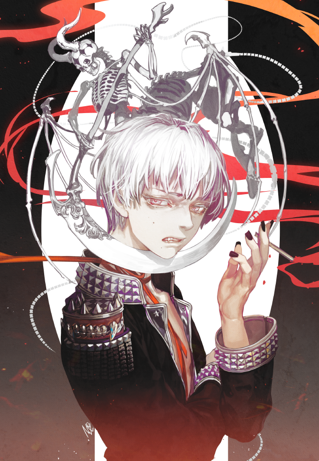 bangs black_jacket death_(entity) fangs grimace jacket long_sleeves looking_at_viewer male_focus no_shirt oollnoxlloo open_clothes open_jacket original parted_lips scythe signature skeleton white_hair wings