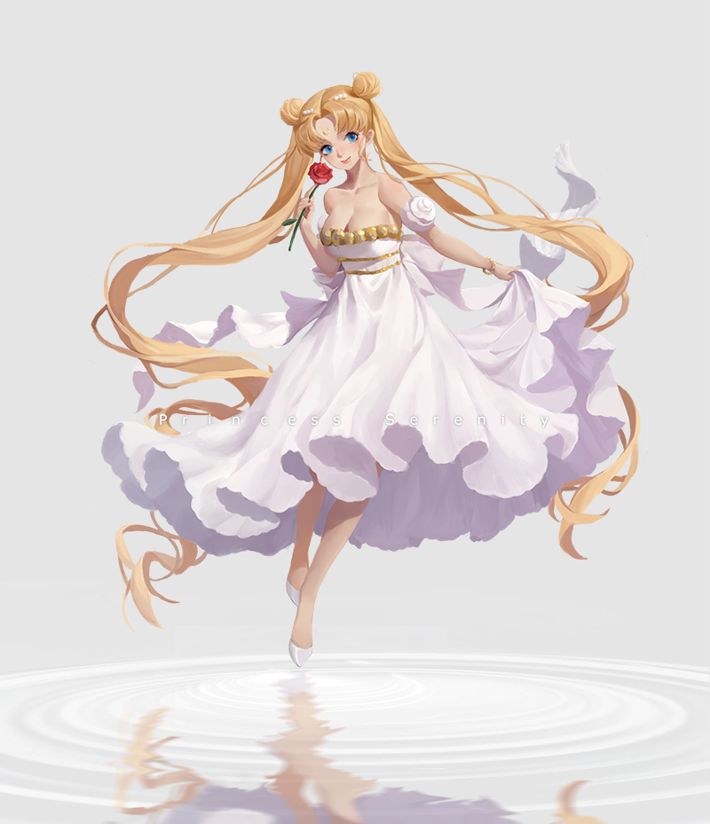 absurdly_long_hair bangs bare_shoulders bishoujo_senshi_sailor_moon blonde_hair blue_eyes character_name closed_mouth detached_sleeves double_bun dress facial_mark floating flower forehead_mark full_body grey_background hair_ornament hairclip high_heels holding long_dress long_hair looking_at_viewer parted_bangs princess_serenity red_flower red_rose reflection rose simple_background skirt_hold solo tsukino_usagi tsuna2727 twintails very_long_hair water white_dress white_footwear
