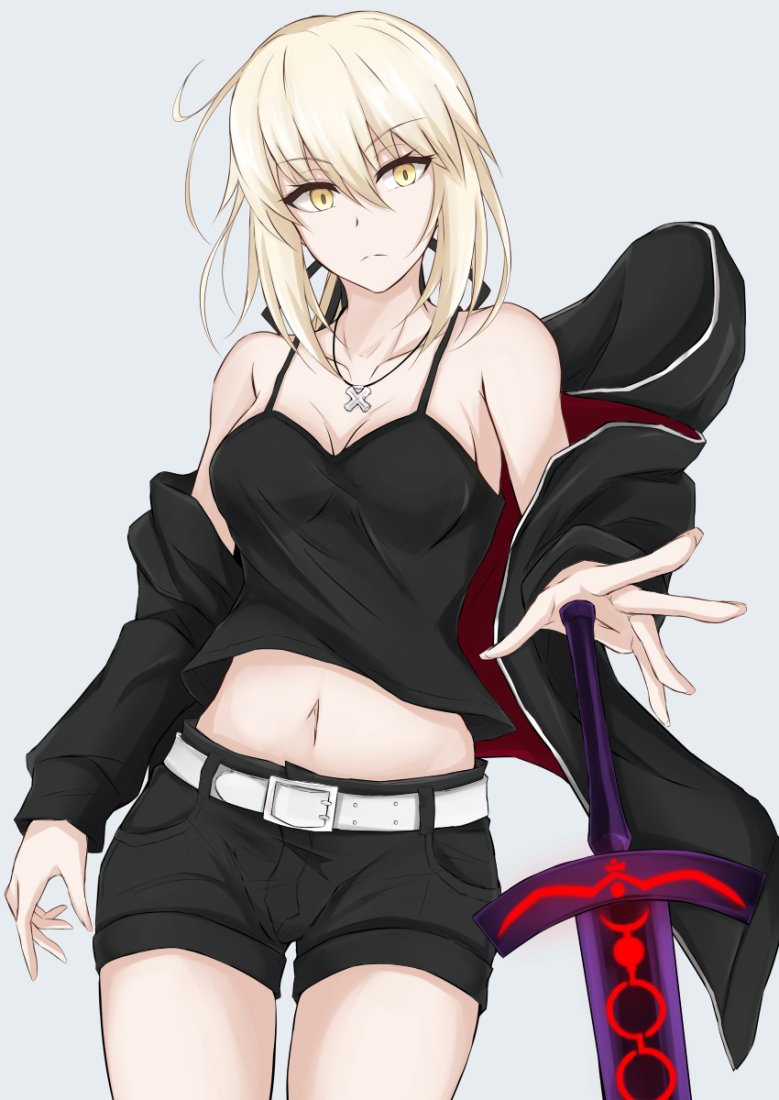 artoria_pendragon_(all) bare_shoulders belt black_shorts blonde_hair breasts cleavage commentary_request fate/grand_order fate/stay_night fate_(series) hood hooded_jacket jacket looking_at_viewer medium_breasts midriff off_shoulder piro_(iiiiiiiiii) saber_alter short_shorts shorts solo spaghetti_strap sword weapon white_belt yellow_eyes
