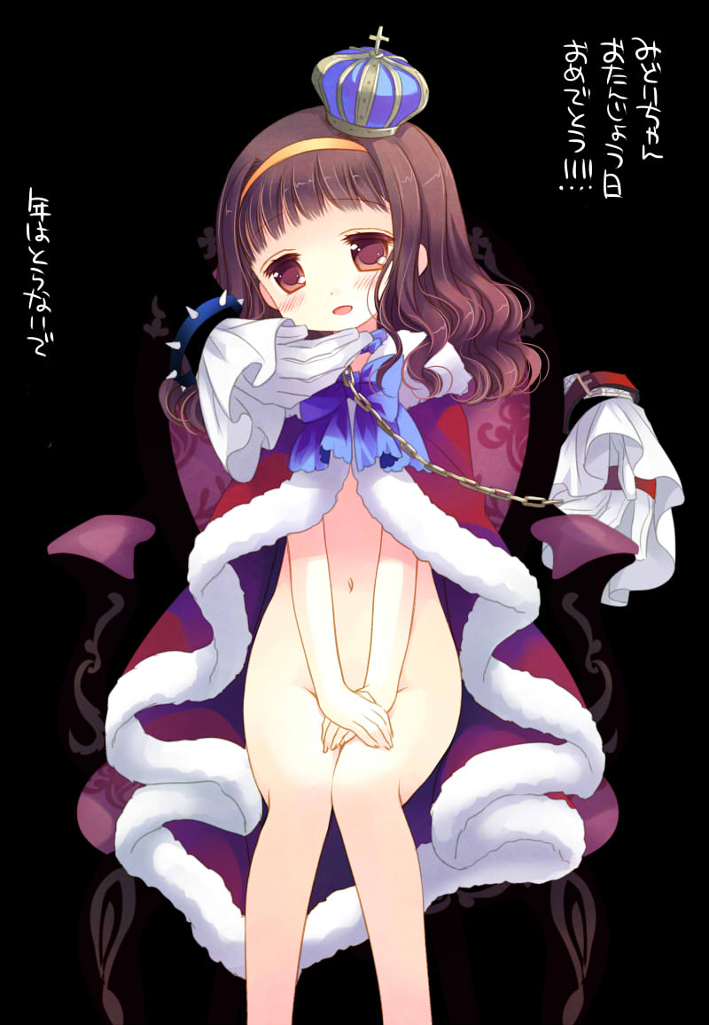 armchair bangs black_background blue_neckwear blush bow bowtie bracelet brown_eyes brown_hair chain chair cloak covering covering_crotch crown eyebrows_visible_through_hair fur-trimmed_cloak fur_trim gloves hairband hand_on_another's_chin head_tilt higanbana_no_saku_yoru_ni jewelry koucha_shinshi kusunoki_midori long_hair long_sleeves looking_at_viewer mini_crown naked_cloak navel parted_lips red_cloak sakurazawa_izumi sitting smile solo_focus spiked_bracelet spikes translation_request v_arms wavy_mouth white_gloves wide_sleeves yellow_hairband