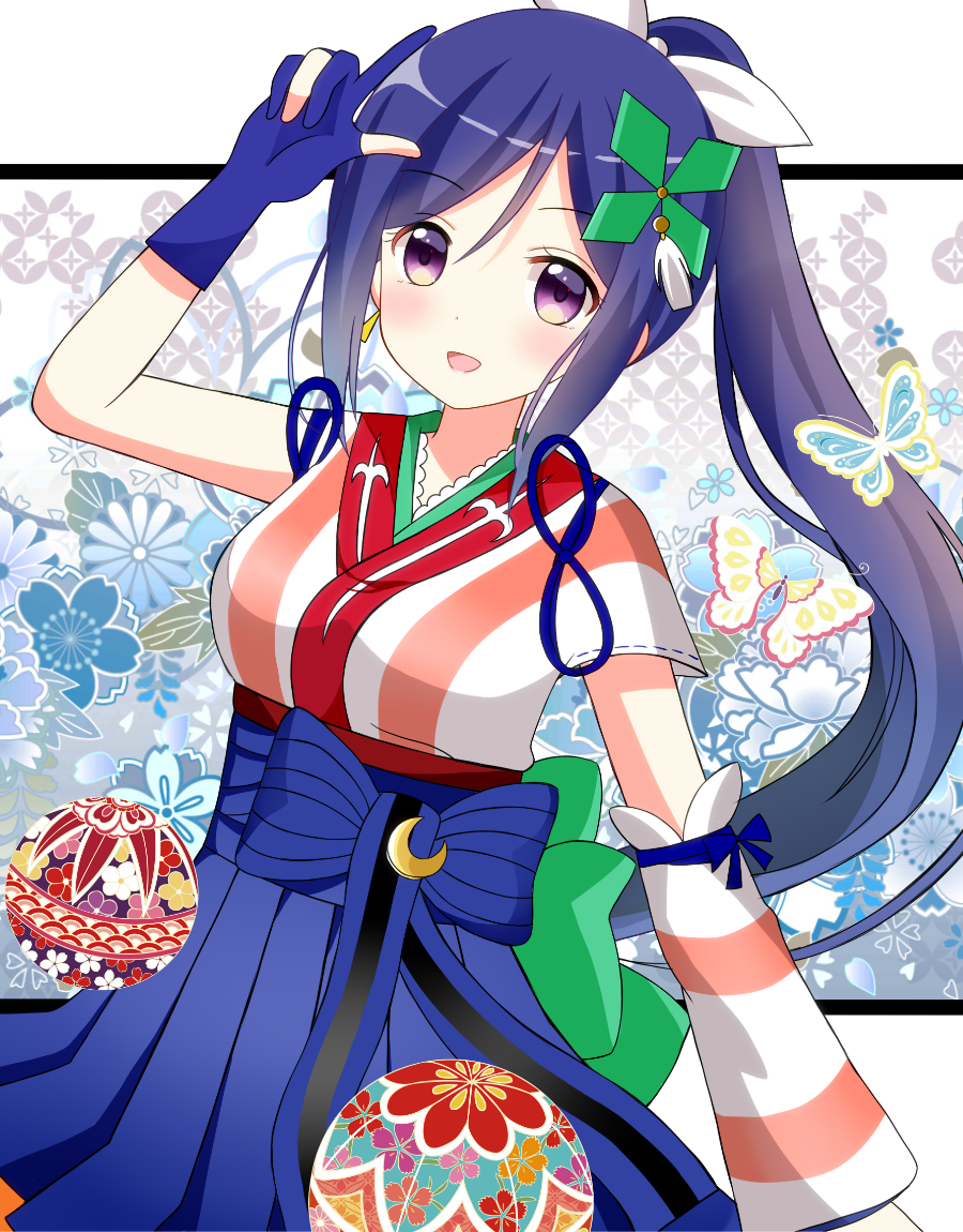 :d blue_hair blush bug butterfly crescent detached_sleeves gloves hair_ornament insect japanese_clothes kimono long_hair looking_at_viewer love_live! love_live!_sunshine!! matsuura_kanan mijuku_dreamer open_mouth partly_fingerless_gloves ponytail purple_eyes ryoutan smile solo
