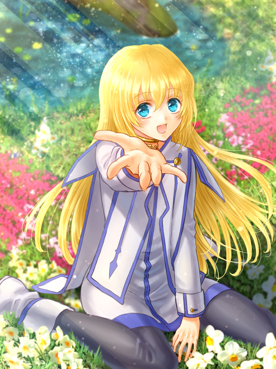 black_legwear blonde_hair blue_eyes cape choker collet_brunel dress flower full_body hanasaki_komugi highres long_hair looking_at_viewer outstretched_hand pantyhose shoes sitting smile solo tales_of_(series) tales_of_symphonia wariza white_cape white_dress white_footwear yellow_neckwear