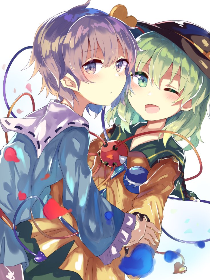 bangs black_hat blouse blue_flower blue_rose blue_skirt blurry blush breasts depth_of_field expressionless flower frilled_shirt_collar frilled_sleeves frills green_eyes green_hair green_skirt hair_between_eyes hat holding_hands komeiji_koishi komeiji_satori long_hair long_sleeves multiple_girls one_eye_closed petals pink_hair pink_skirt purple_eyes purple_hair red_flower red_rose ribbon-trimmed_collar ribbon_trim rose rose_petals shiny shiny_hair shirt short_hair siblings simple_background sisters skirt small_breasts smile texture third_eye to-den_(v-rinmiku) touhou white_background yellow_shirt
