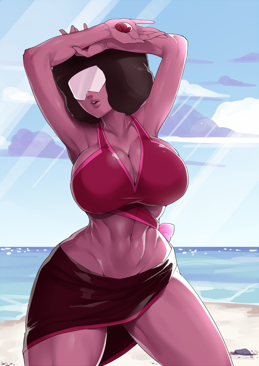 abs afro arms_up bad_id bad_pixiv_id bikini black_hair breasts cleavage cloud dark_skin day garnet_(steven_universe) highres large_breasts mogiki_hayami navel ocean parted_lips sarong solo steven_universe stomach sunglasses sunlight swimsuit toned water