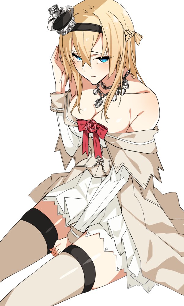 asakawa_(outeq) bare_shoulders between_legs blonde_hair blue_eyes blush braid breasts cleavage commentary_request corset crown dress eyebrows_visible_through_hair flower french_braid hair_between_eyes hairband hand_between_legs hand_on_own_head jewelry kantai_collection long_hair long_sleeves looking_at_viewer looking_up medium_breasts mini_crown necklace off-shoulder_dress off_shoulder parted_lips red_flower red_ribbon red_rose ribbon rose simple_background solo thighhighs warspite_(kantai_collection) white_background white_dress white_legwear