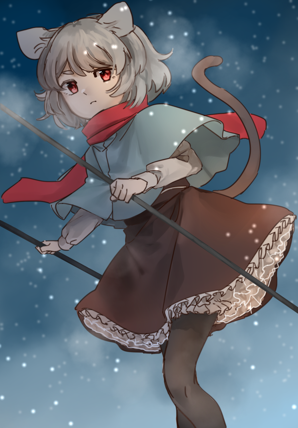 animal_ears capelet commentary_request dowsing_rod grey_hair highres holding iirodo long_sleeves looking_at_viewer mouse_ears nazrin pantyhose petticoat red_eyes red_scarf scarf short_hair snowing solo tail touhou