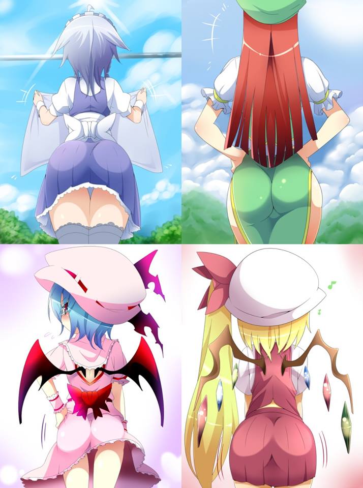 4girls ass blonde_hair blue_hair blush clouds embarrassed flandre_scarlet hand_on_waist hat hips hong_meiling izayoi_sakuya laundry long_hair looking_back nice_ass panels peeking red_hair remilia_scarlet short_hair sky small_ass touhou wide_hips wings