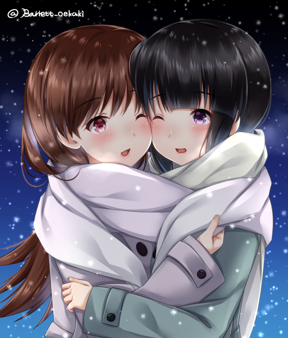 bangs baretto_(firearms_1) black_hair blunt_bangs blush breath brown_hair cheek-to-cheek coat commentary_request eyebrows_visible_through_hair green_coat hug kantai_collection kitakami_(kantai_collection) lips long_hair long_sleeves multiple_girls ooi_(kantai_collection) pink_eyes purple_eyes scarf shared_scarf snowing tareme twitter_username upper_body white_coat white_scarf winter winter_clothes winter_coat yuri