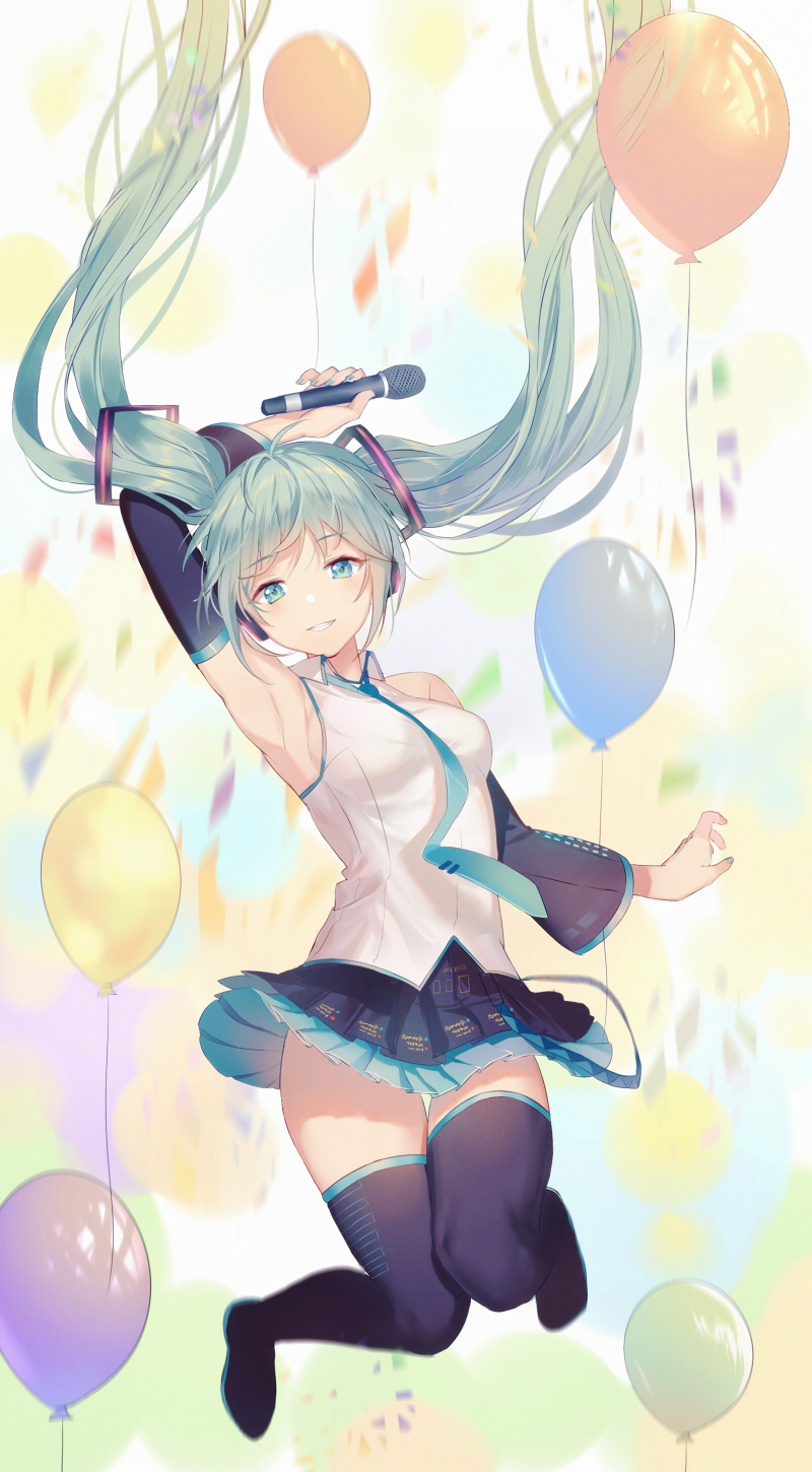 arm_up armpits bad_id bad_pixiv_id balloon black_footwear black_skirt blue_eyes blue_neckwear boots breasts detached_sleeves floating_hair full_body green_eyes hair_ornament hatsune_miku highres holding holding_microphone long_hair looking_at_viewer medium_breasts microphone miniskirt necktie parted_lips pleated_skirt qingshui_ai shirt sideboob skirt sleeveless sleeveless_shirt smile solo suna_no_wakusei_(vocaloid) thigh_boots thighhighs twintails very_long_hair vocaloid white_shirt