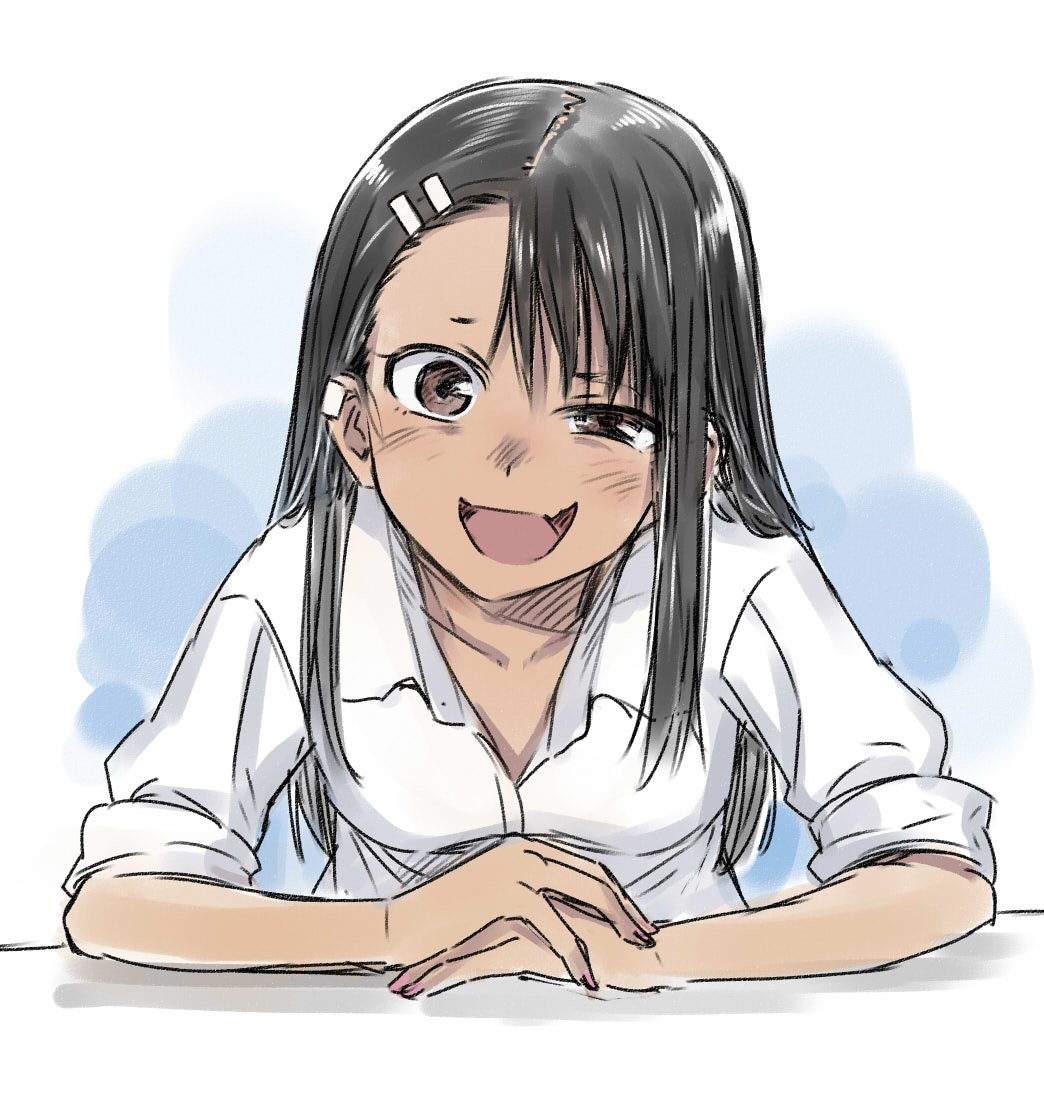 774_(nanashi) black_hair blush breasts brown_eyes collarbone collared_shirt commentary_request dark_skin dress_shirt ear_piercing evil_grin evil_smile fang fingernails grin hair_ornament hairclip half-closed_eye hands_together head_tilt ijiranaide_nagatoro-san leaning_forward leaning_on_object long_hair looking_at_viewer nagatoro nail_polish open_mouth piercing pink_nails raised_eyebrow shirt sitting sleeves_folded_up sleeves_rolled_up small_breasts smile smirk smug solo white_shirt