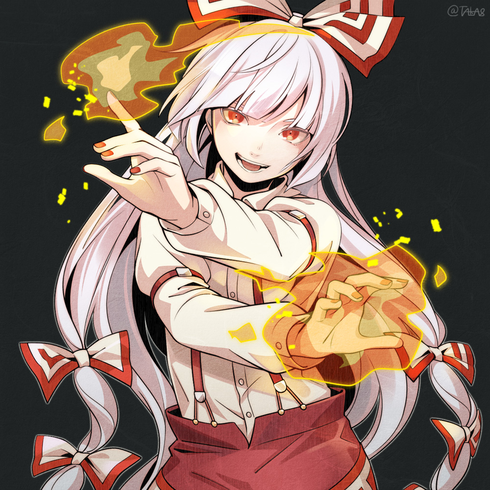 bad_id bad_pixiv_id bangs banned_artist black_background blunt_bangs bow buttons collared_shirt commentary_request fire fujiwara_no_mokou hair_bow long_hair long_sleeves looking_at_viewer nail_polish ofuda pants red_eyes red_nails red_pants shirt simple_background smile solo touhou twitter_username very_long_hair white_background white_shirt wing_collar yuge_mugito
