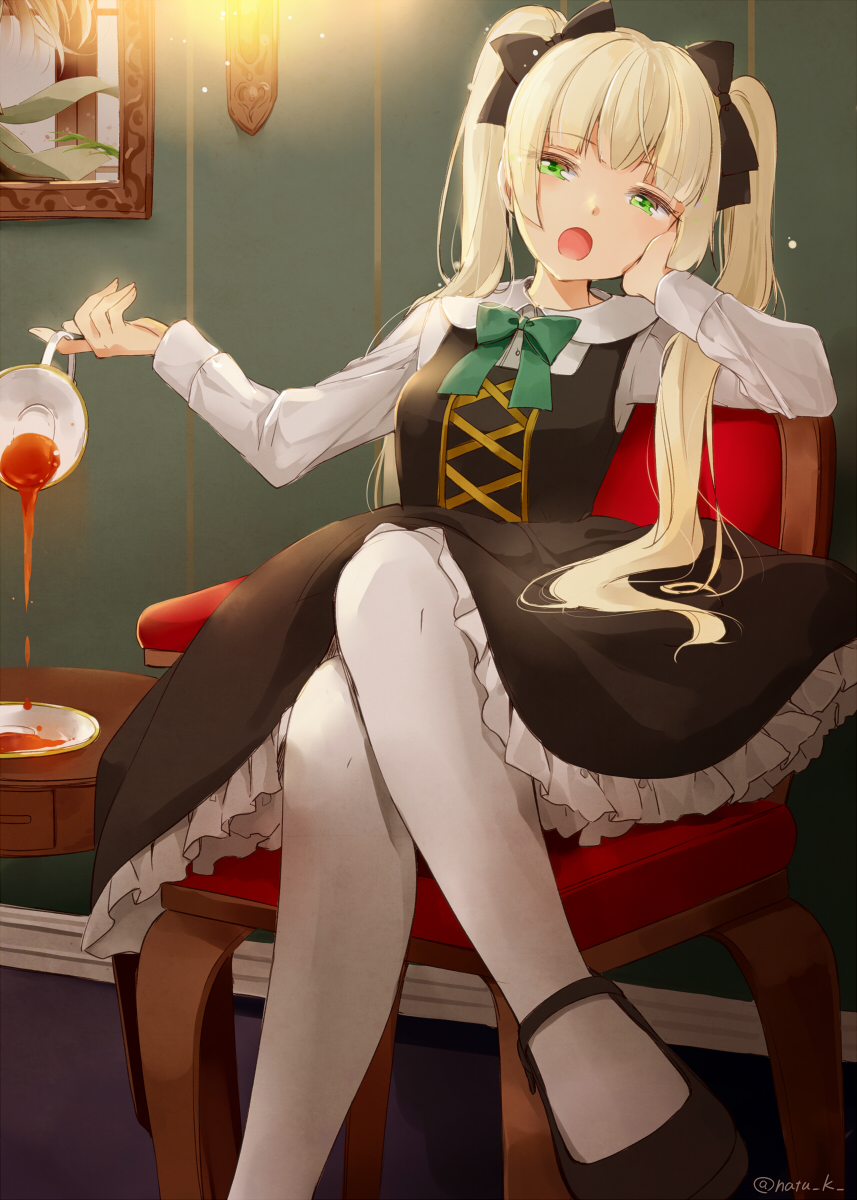 armchair bangs black_dress black_footwear blonde_hair blouse chair commentary_request crossed_legs cup dress eyebrows_visible_through_hair frills green_eyes half-closed_eyes hands_up hazuki_natsu highres indoors long_hair mary_janes open_mouth original painting_(object) pantyhose pinafore_dress pouring saucer shoes sidelocks solo table teacup twintails twitter_username white_blouse white_legwear