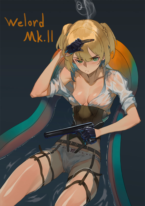 &gt;:( ass_visible_through_thighs bathing bathtub belt belt_buckle black_background black_gloves blonde_hair blush breasts buckle character_name cigar cleavage closed_mouth collarbone commentary_request corset frown girls_frontline gloves green_eyes gun hand_up handgun holding holding_gun holding_weapon looking_at_viewer medium_breasts no_bra olys open_clothes open_shirt panties partially_submerged pistol ribbon_trim shiny shiny_skin shirt short_hair short_sleeves simple_background smoke solo thigh_strap thighs two_side_up typo underwear v-shaped_eyebrows water weapon welrod welrod_mk2_(girls_frontline) wet wet_clothes white_panties white_shirt