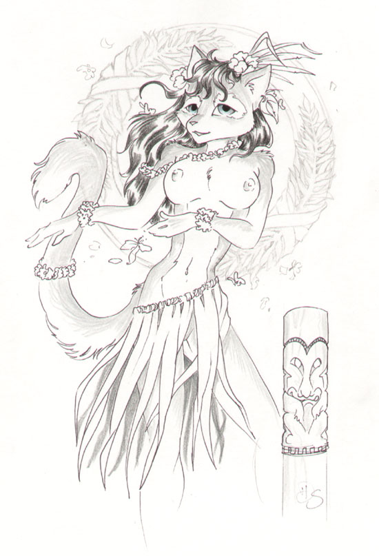 anthro bracelet breasts cat clothed clothing dhstein feline female flower grass_skirt greyscale hair hula jewelry lei mammal monochrome nipples plant solo topless