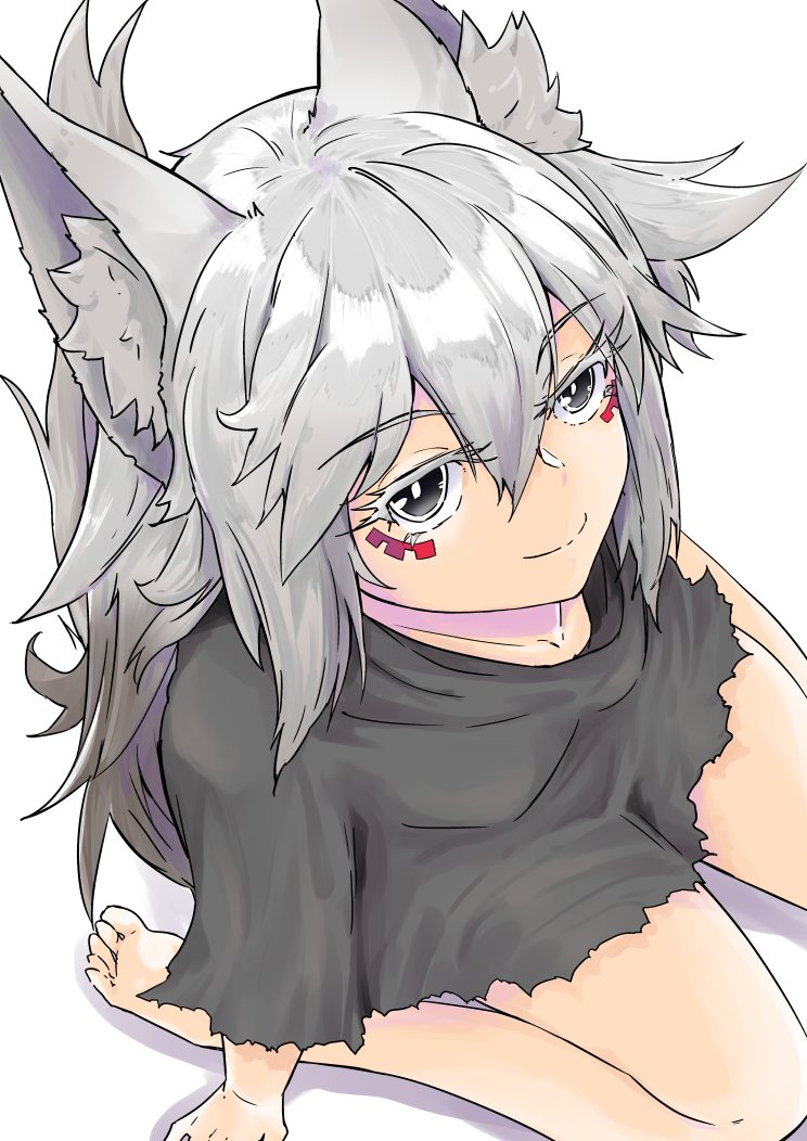 akasha_(syakoba) animal_ears borrowed_character commentary_request facepaint grey_eyes grey_hair looking_at_viewer original simple_background sitting smile tail torn_clothes wariza white_background wolf_ears wolf_tail zooanime