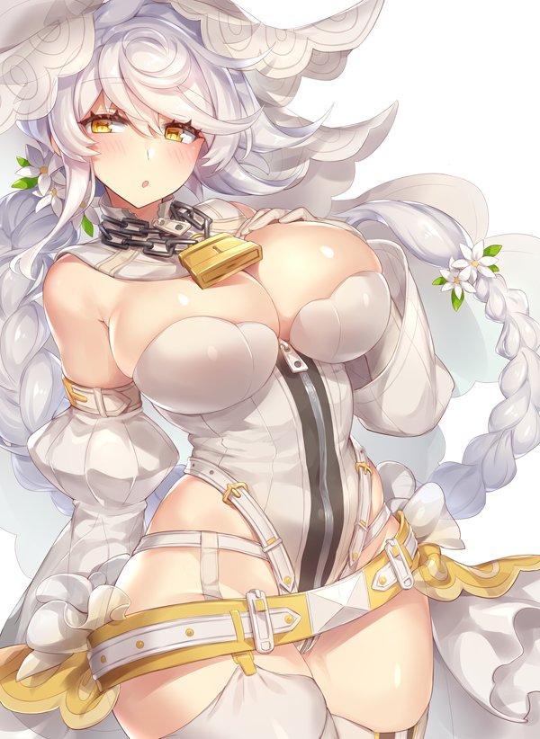 asymmetrical_hair bangs bare_shoulders belt belt_buckle blush braid breasts bridal_veil buckle chain chain_necklace cleavage commentary_request cosplay detached_collar detached_sleeves fate/extra fate/extra_ccc fate_(series) flower garter_straps gloves hair_flower hair_ornament hand_on_own_chest highleg highleg_leotard hips jitome kantai_collection large_breasts leaf leotard lock long_hair looking_at_viewer nero_claudius_(bride)_(fate) nero_claudius_(bride)_(fate)_(cosplay) nero_claudius_(fate)_(all) open_mouth padlock puffy_sleeves silver_hair simple_background single_braid solo swept_bangs thighhighs unryuu_(kantai_collection) veil very_long_hair wavy_hair white_background white_gloves white_legwear white_leotard white_sleeves wide_hips yamaarashi yellow_eyes zipper zipper_pull_tab