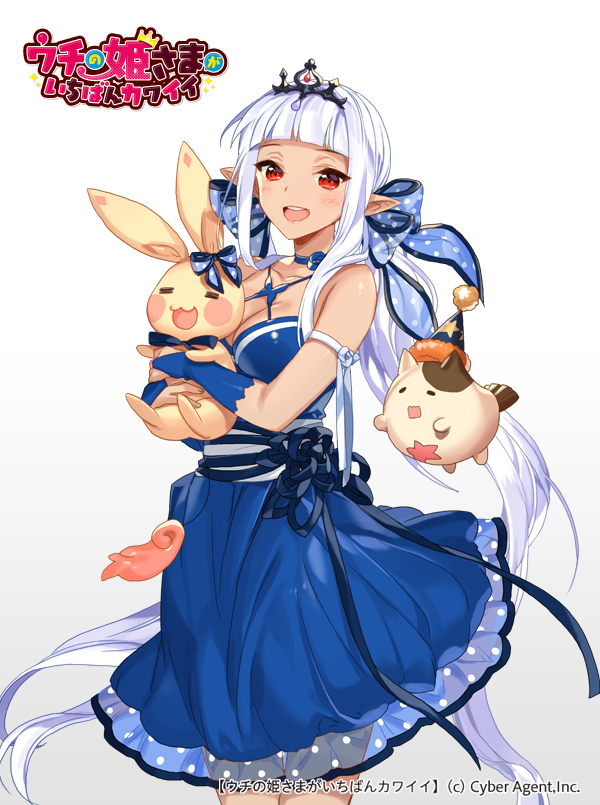 animal blue_dress breasts bunny cat cleavage copyright_name dress empew holding holding_animal looking_at_viewer medium_breasts official_art one_eye_closed open_mouth pointy_ears red_eyes smile standing tan tiara uchi_no_hime-sama_ga_ichiban_kawaii watermark white_hair