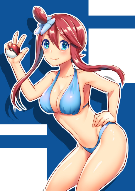 blue_eyes blush breasts cleavage eburi_a fuuro_(pokemon) gym_leader hair_bun hair_ornament hairclip hand_on_hip looking_at_viewer medium_breasts navel poke_ball pokemon pokemon_(game) pokemon_bw red_hair smile solo