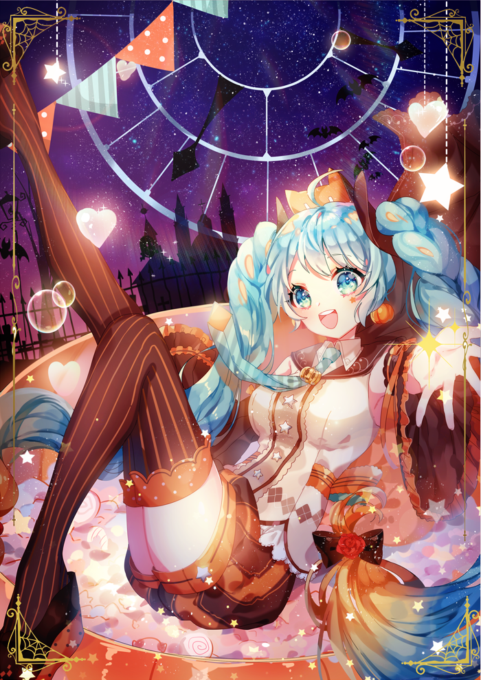 :d ahoge alternate_costume bangs bat black_bow black_legwear blonde_hair blue_eyes blue_hair blue_neckwear blush border bow breasts bubble candy castle clock detached_sleeves facial_mark flower food gradient_hair hair_bow halloween hatsune_miku heart in_container legs_up long_hair long_sleeves looking_at_viewer low-tied_long_hair medium_breasts multicolored_hair necktie open_mouth orange_shorts outstretched_arm pennant puffy_shorts red_flower red_rose rose round_teeth shina_(sbk951121) shiny shiny_hair shorts smile solo sparkle spread_fingers star string_of_flags striped striped_legwear striped_neckwear tareme teeth twintails vertical-striped_legwear vertical_stripes very_long_hair vocaloid wide_sleeves wing_collar